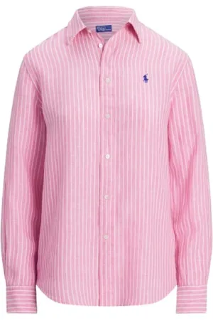 Ralph Lauren Blouses & Shirts, Dames, Roze, L, Linnen, Gestreept linnen overhemd