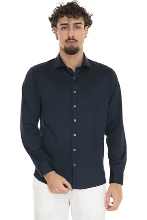 Gran Sasso Overhemden, Heren, Blauw, L, Katoen, Katoenen overhemd met lange mouwen en Franse hals