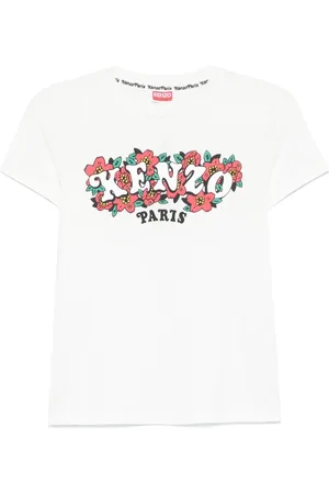 Kenzo Tops, Dames, Wit, L, Katoen, Witte T-shirts met Logo Print en Ronde Hals