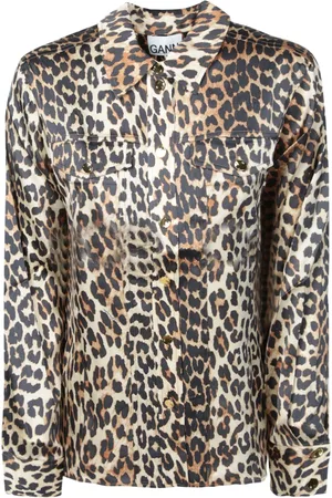 Ganni Blouses & Shirts, Dames, Bruin, M, Satijn, Luipaardpatroon Satijnen Shirt Bruin