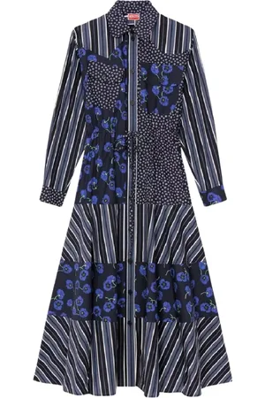 Kenzo Kleedjes, Dames, Veelkleurig, S, Katoen, Geometric en Bloemdessin Midi Jurk