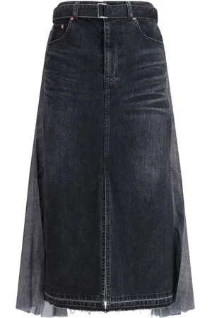 SACAI Rokken, Dames, Zwart, M, Denim, Denim Geplooide Midi Rok met Verstelbare Riem