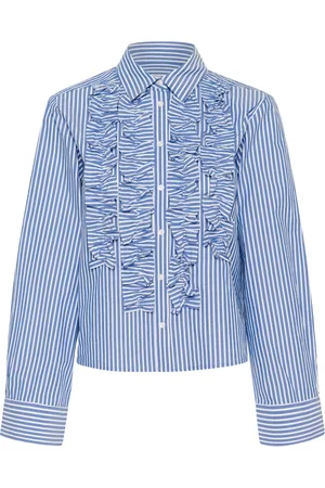 Part Two Blouses & Shirts, Dames, Blauw, 2Xl, Katoen, Blauw gestreept overhemd met ruches