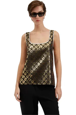 La DoubleJ Tops, Dames, Geel, XS, Polyester, Twirl Top - Veelzijdige Mouwloze Luipaard Jacquard