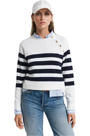 GANT Sweatshirts & Hoodies, Dames, Wit, M, Katoen, Gestreept Rond Hals Sweatshirt met Gouden Knopen