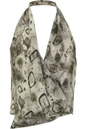 Cortana Tops, Dames, Grijs, XL, Etna, zijden top met diamantprint
