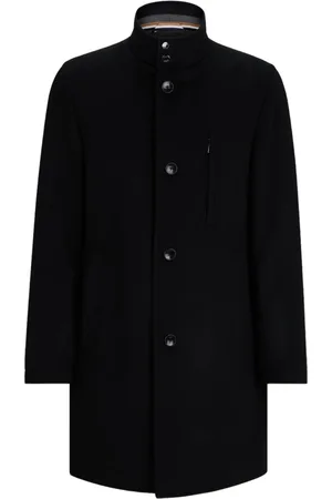 HUGO BOSS Mantels, Heren, Zwart, M, Wol, Slim-Fit wollen en kasjmier jas met kenmerkende streepdetails