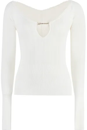 Jacquemus Tops, Dames, Wit, M, Polyester, Geribbelde Gebreide Viscosemix Top met Lange Mouwen