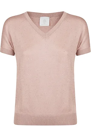 ELEVENTY Truien, Dames, Roze, XL, Katoen, V-hals Paillet Katoen Zijde Top