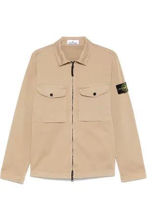 Stone Island Jassen, Heren, Bruin, M, Katoen, Shirt Jacket met Kompas Applicatie