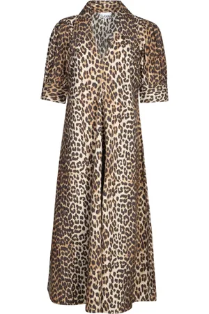 Ganni Kleedjes, Dames, Veelkleurig, XS, Katoen, Luipaardprint Midi Jurk