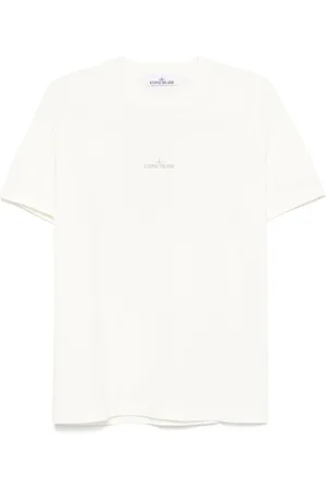 Stone Island Tops, Heren, Wit, S, Katoen, Logo Bedrukte Crewneck T-shirt