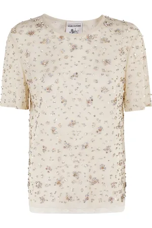 SEMICOUTURE Tops, Dames, Bruin, XS, Katoen, Louisa T-shirt met strassborduurwerk