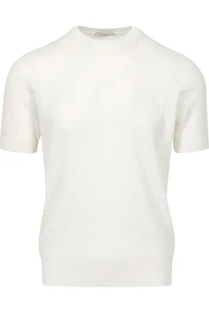 Paolo Pecora Tops, Heren, Wit, M, Katoen, Wit Katoen Weefpatroon Ronde Hals