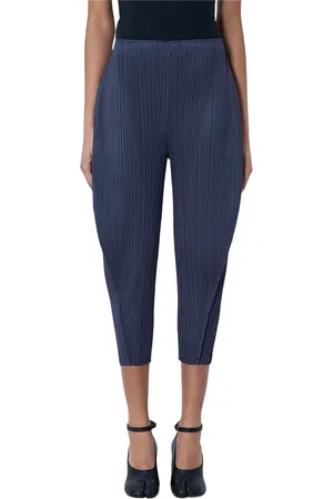 Issey Miyake Broeken, Dames, Blauw, L, Polyester, Elegante Geplooide Lantaarnbroek