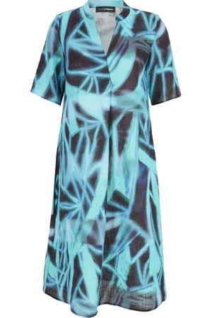 DORIS S Kleedjes, Dames, Blauw, 3Xl, Linnen, Grafische Print Linnen Jurk