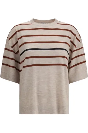 Brunello Cucinelli Tops, Dames, , L, Wol, Gestreept wollen T-shirt met geribbelde ronde hals