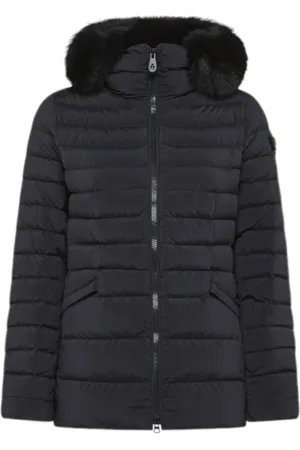 Peuterey Jassen, Dames, Zwart, L, Korte Zwarte Jas met Capuchon van Imitatiebont