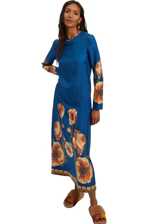 La DoubleJ Kleedjes, Dames, Blauw, S, Zijden Twill Lange Mouw Swing Jurk