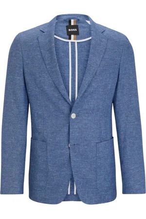 HUGO BOSS Pakken, Heren, Blauw, L, Linnen, Verfijnde Slim Fit Jas met Microdessin