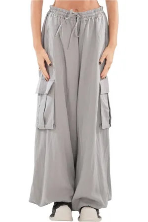 Y-3 Broeken, Dames, Grijs, M, Washed Twill Wide Cargo Broek