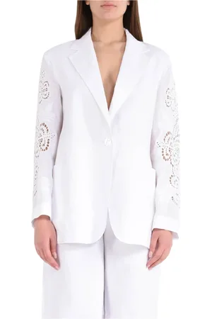 Max Mara Jassen, Dames, Wit, S, Linnen, Linnen jasje met bloemenborduursel