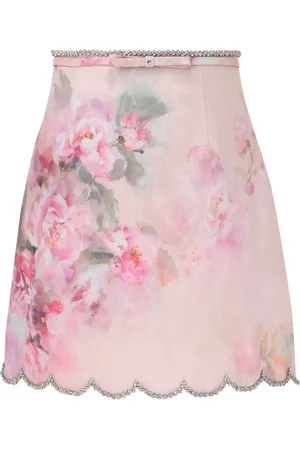 ZIMMERMANN Rokken, Dames, Roze, L, Linnen, Roze Minirok met Bloemmotief en Kristallen Bies