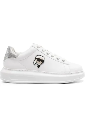 Karl Lagerfeld Schoenen, Dames, Wit, 38 EU, Leer, Glitter Detail Leren Sneakers