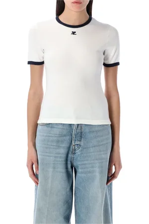 Courrèges Tops, Dames, Wit, S, Katoen, Wit Marineblauw Contrast T-shirt