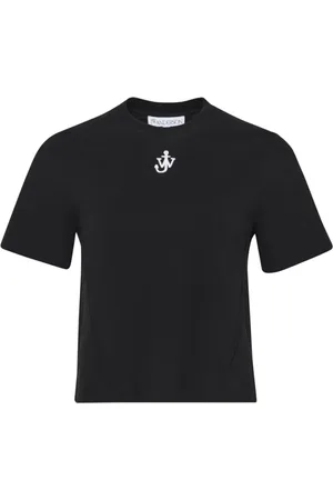 J.W.Anderson Tops, Dames, Zwart, M, Katoen, Anchor Logo Cropped Panelled T-Shirt