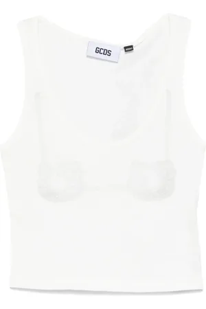GCDS Tops, Dames, Wit, S, Witte Mouwloze Top met Strass
