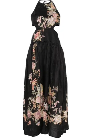 ZIMMERMANN Kleedjes, Dames, Zwart, M, Linnen, Linnen Halterjurk met Bloemenprint