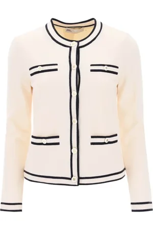 Tory Burch Truien, Dames, Wit, L, Wol, Kendra Merino Wollen Cardigan