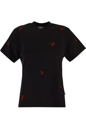 Des Phemmes Tops, Dames, Zwart, S, Katoen, Kersen Crew Neck T-shirt met Applicaties