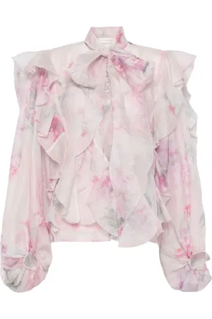 ZIMMERMANN Blouses & Shirts, Dames, Roze, L, Linnen, Lilac Bow Collar Puff Sleeve Shirt