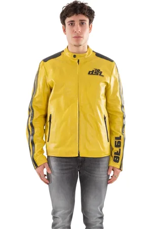 Diesel Jassen, Heren, Geel, M, Leren Bikerjack in L-Pop Stijl