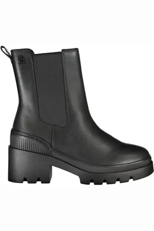 Tommy Hilfiger Schoenen, Dames, Zwart, 37 EU, Leer, Elastische laars met hak en logo detail aan de zijkant