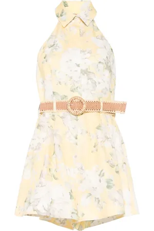ZIMMERMANN Jumpsuits & Playsuits, Dames, Geel, M, Linnen, Bloemen Short Playsuit met Kraag