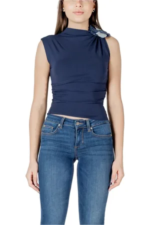 Guess Tops, Dames, Blauw, L, Katoen, Blauwe Turtleneck Mouwloze Katoenen Top