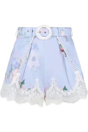 ZIMMERMANN Korte broeken, Dames, Blauw, S, Linnen, Everley Shorts met kanten rand en plooien