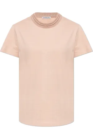 Moncler Tops, Dames, Roze, S, Katoen, T-shirt met decoratieve halslijn