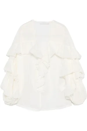 ZIMMERMANN Blouses & Shirts, Dames, Wit, M, Katoen, Witte Trui met V-hals en Ruffles