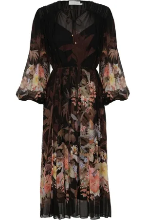 ZIMMERMANN Kleedjes, Dames, Veelkleurig, L, Zwarte Jurk met Bloemenprint en V-hals
