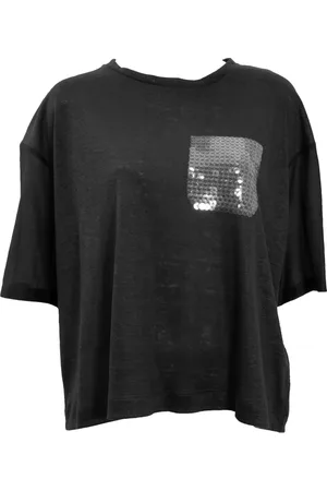 PESERICO SIGN Tops, Dames, Zwart, M, Linnen, Linnen T-shirt