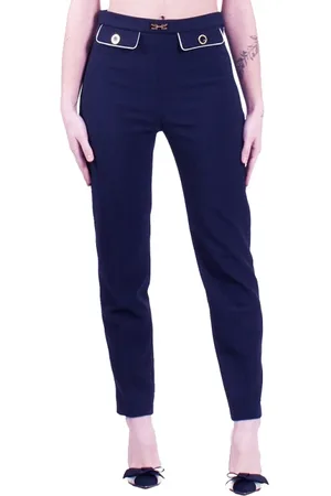 Elisabetta Franchi Broeken, Dames, Blauw, L, Leer, Smalle broek met juweeldetail