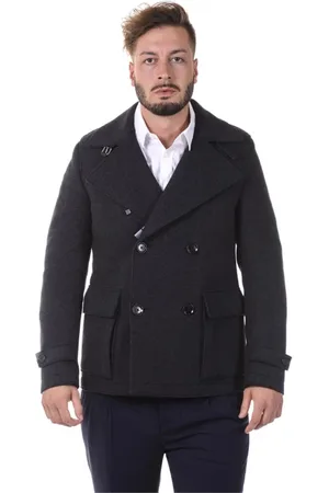 HUGO BOSS Mantels, Heren, Zwart, M, Wol, Double-Breasted Leren Jas