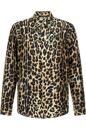 Roberto Cavalli Overhemden, Heren, Bruin, S, Luipaardprint Shirt, Lichtbruin, Man