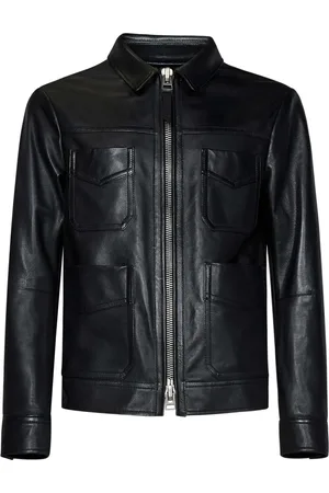 Tom Ford Jassen, Heren, Zwart, M, Leer, Zwarte leren jas met kenmerkende ritssluiting