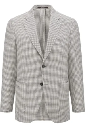 Boggi Milano Jassen, Heren, Grijs, L, Wol, Houndstooth jas van linnen en wol