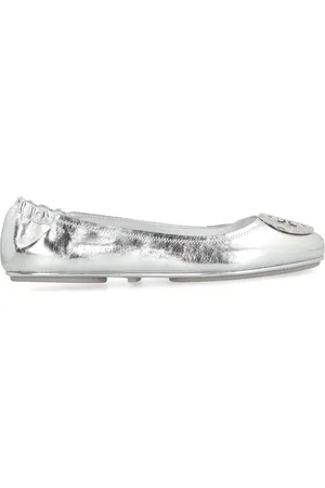 Tory Burch Schoenen, Dames, Grijs, 37 1/2 EU, Leer, Metallic Leren Ballerina`s